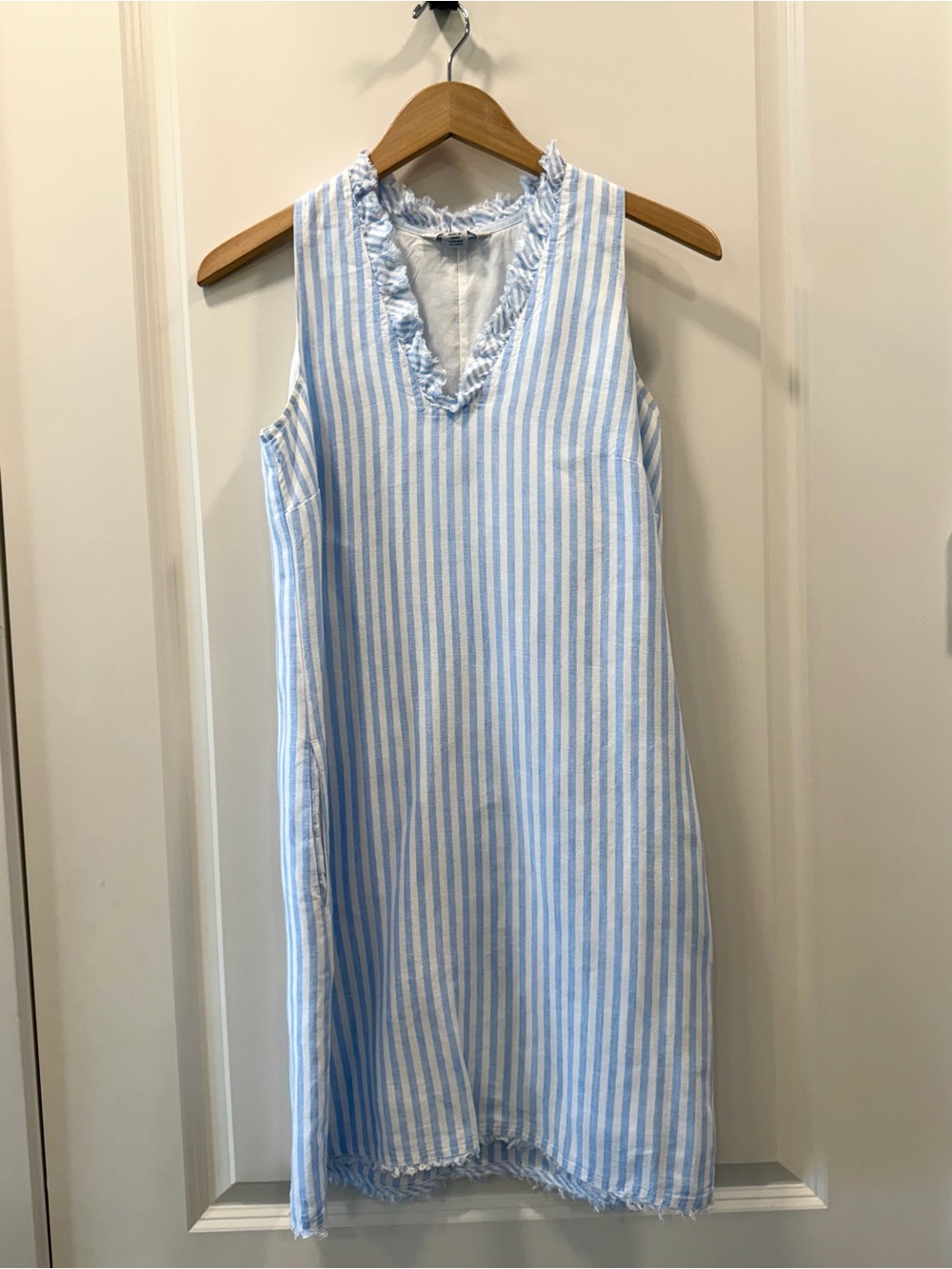 Tommy Bahama Blue and White Linen Striped V-Neck Shift Dress
